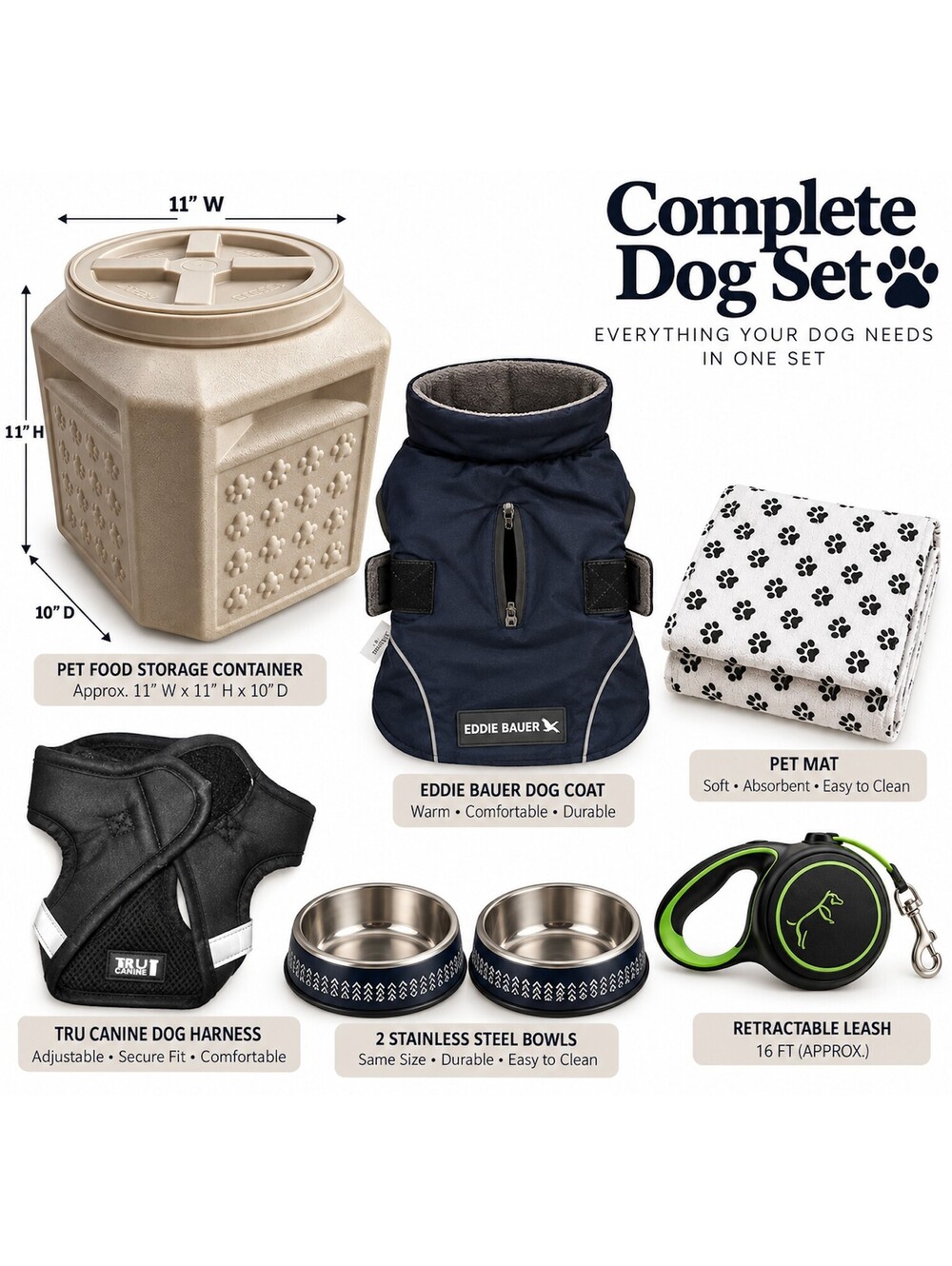 Complete Dog Set with Food Storage Container, Dog Coat, Harness, Bowls, Mat, etc